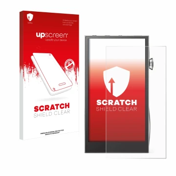 Parte frontal de un envase de producto con el logotipo de la marca upscreen. Al lado se muestra el dispositivo Astell&Kern A&f