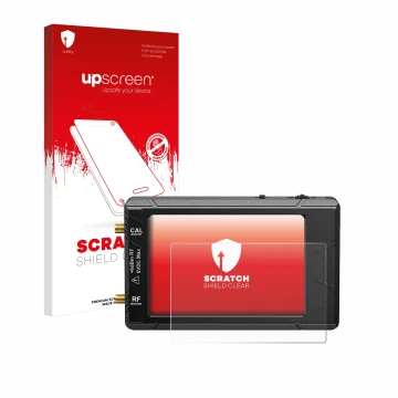 Parte frontal de un envase de producto con el logotipo de la marca upscreen. Al lado se muestra el dispositivo tinySA ultra sp