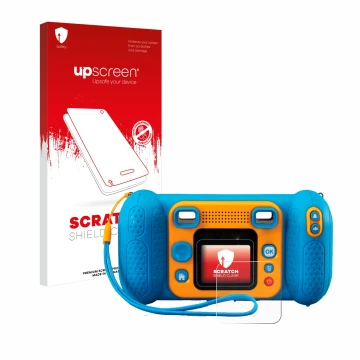 Parte frontal de un envase de producto con el logotipo de la marca upscreen. Al lado se muestra el dispositivo Vtech Kidizoom 