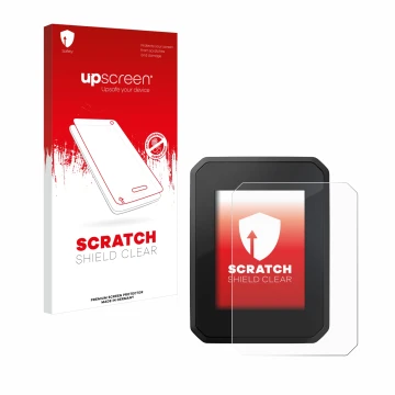 Parte frontal de un envase de producto con el logotipo de la marca upscreen. Al lado se muestra el dispositivo FIT Display Com