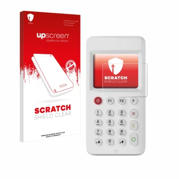 Parte frontal de un envase de producto con el logotipo de la marca upscreen. Al lado se muestra el dispositivo myPOS Go 2 con 