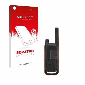 Parte frontal de un envase de producto con el logotipo de la marca upscreen. Al lado se muestra el dispositivo Motorola Talkab