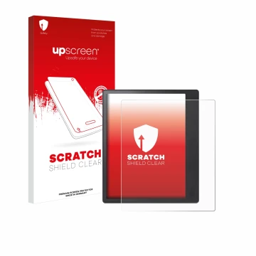 Parte frontal de un envase de producto con el logotipo de la marca upscreen. Al lado se muestra el dispositivo Kobo Elipsa 2E 