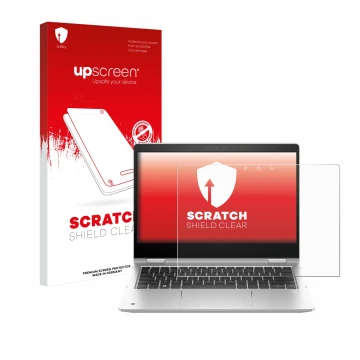Parte frontal de un envase de producto con el logotipo de la marca upscreen. Al lado se muestra el dispositivo HP ProBook x360