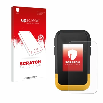 Parte frontal de un envase de producto con el logotipo de la marca upscreen. Al lado se muestra el dispositivo Garmin eTrex SE