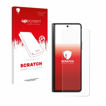 Parte frontal de un envase de producto con el logotipo de la marca upscreen. Al lado se muestra el dispositivo Samsung Galaxy 