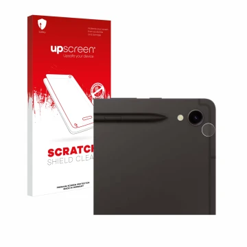 Parte frontal de un envase de producto con el logotipo de la marca upscreen. Al lado se muestra el dispositivo Samsung Galaxy 