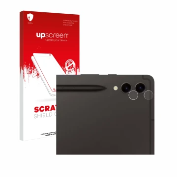 Parte frontal de un envase de producto con el logotipo de la marca upscreen. Al lado se muestra el dispositivo Samsung Galaxy 