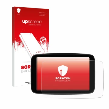 Parte frontal de un envase de producto con el logotipo de la marca upscreen. Al lado se muestra el dispositivo TomTom GO Exper