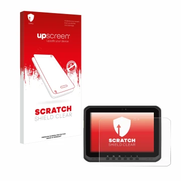 Parte frontal de un envase de producto con el logotipo de la marca upscreen. Al lado se muestra el dispositivo Zebra ET65 con 