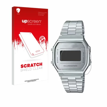 Parte frontal de un envase de producto con el logotipo de la marca upscreen. Al lado se muestra el dispositivo Casio A168WEM-7