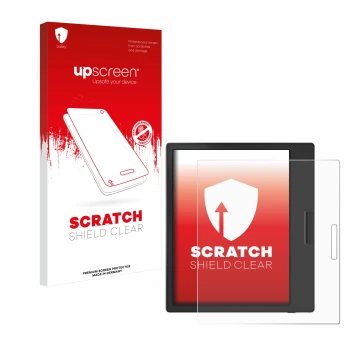 Parte frontal de un envase de producto con el logotipo de la marca upscreen. Al lado se muestra el dispositivo Boox Page con s
