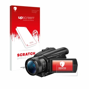 Parte frontal de un envase de producto con el logotipo de la marca upscreen. Al lado se muestra el dispositivo Sony FDR-AX700 
