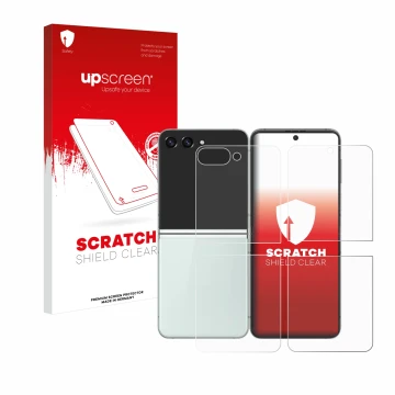 Parte frontal de un envase de producto con el logotipo de la marca upscreen. Al lado se muestra el dispositivo Samsung Galaxy 