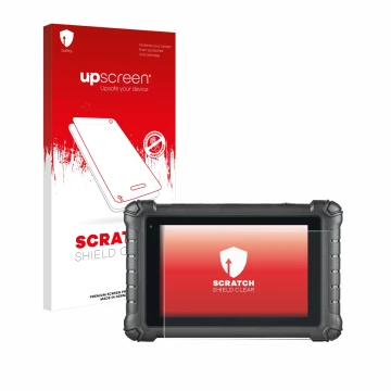 Parte frontal de un envase de producto con el logotipo de la marca upscreen. Al lado se muestra el dispositivo Autel MaxiDAS D