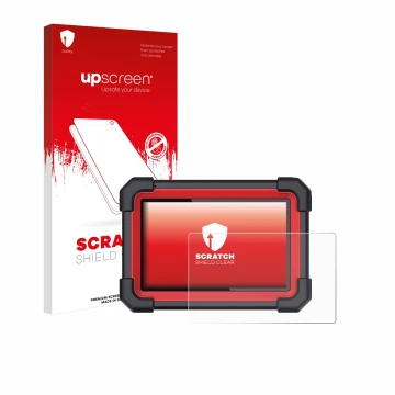 Parte frontal de un envase de producto con el logotipo de la marca upscreen. Al lado se muestra el dispositivo Launch X-431 CR