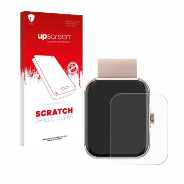 Parte frontal de un envase de producto con el logotipo de la marca upscreen. Al lado se muestra el dispositivo Mutoy Smartwatc