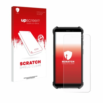 Parte frontal de un envase de producto con el logotipo de la marca upscreen. Al lado se muestra el dispositivo Ulefone Armor X