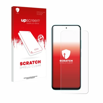 Parte frontal de un envase de producto con el logotipo de la marca upscreen. Al lado se muestra el dispositivo Xiaomi Poco M6 