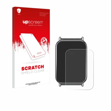 Parte frontal de un envase de producto con el logotipo de la marca upscreen. Al lado se muestra el dispositivo Xiaomi Mi Band 
