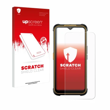Parte frontal de un envase de producto con el logotipo de la marca upscreen. Al lado se muestra el dispositivo AGM Glory G1S c