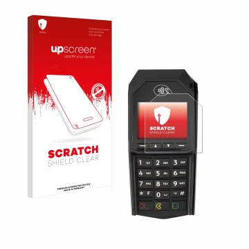 Parte frontal de un envase de producto con el logotipo de la marca upscreen. Al lado se muestra el dispositivo ingenico Lane/3