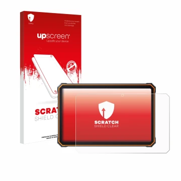 Parte frontal de un envase de producto con el logotipo de la marca upscreen. Al lado se muestra el dispositivo Blackview Activ