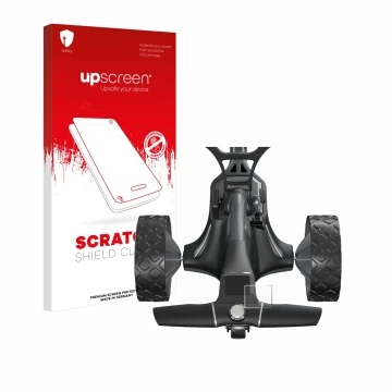 Parte frontal de un envase de producto con el logotipo de la marca upscreen. Al lado se muestra el dispositivo Motocaddy M7 GP