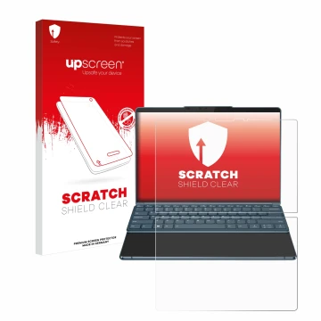 Parte frontal de un envase de producto con el logotipo de la marca upscreen. Al lado se muestra el dispositivo Lenovo Yoga Boo