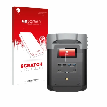 Parte frontal de un envase de producto con el logotipo de la marca upscreen. Al lado se muestra el dispositivo EcoFlow DELTA 2