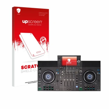 Parte frontal de un envase de producto con el logotipo de la marca upscreen. Al lado se muestra el dispositivo Denon DJ SC LIV