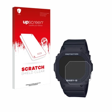 Parte frontal de un envase de producto con el logotipo de la marca upscreen. Al lado se muestra el dispositivo Casio Baby-G BG