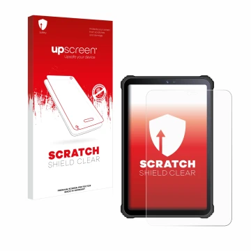 Parte frontal de un envase de producto con el logotipo de la marca upscreen. Al lado se muestra el dispositivo Oukitel RT3 con