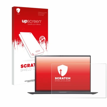 Parte frontal de un envase de producto con el logotipo de la marca upscreen. Al lado se muestra el dispositivo LG gram 16'' 20
