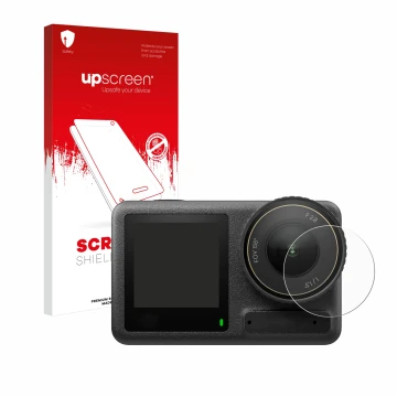 Parte frontal de un envase de producto con el logotipo de la marca upscreen. Al lado se muestra el dispositivo DJI Osmo Action