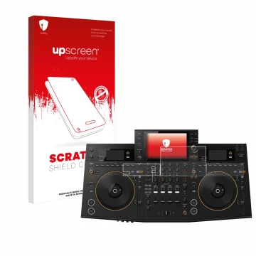 Parte frontal de un envase de producto con el logotipo de la marca upscreen. Al lado se muestra el dispositivo Pioneer OPUS-QU