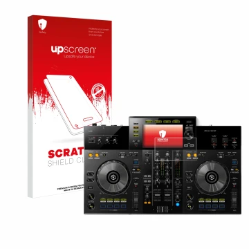 Parte frontal de un envase de producto con el logotipo de la marca upscreen. Al lado se muestra el dispositivo Pioneer XDJ -RR