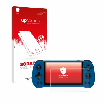 Parte frontal de un envase de producto con el logotipo de la marca upscreen. Al lado se muestra el dispositivo Powkiddy X55 co