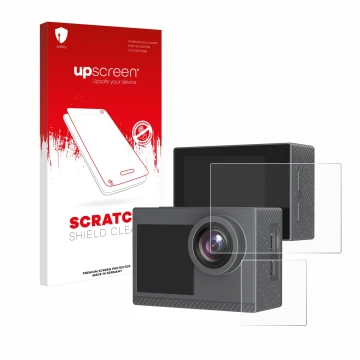 Parte frontal de un envase de producto con el logotipo de la marca upscreen. Al lado se muestra el dispositivo Akaso Brave 4 P
