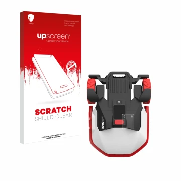 Parte frontal de un envase de producto con el logotipo de la marca upscreen. Al lado se muestra el dispositivo Kress Mission M
