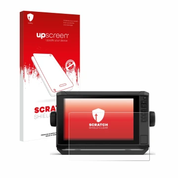 Parte frontal de un envase de producto con el logotipo de la marca upscreen. Al lado se muestra el dispositivo Garmin ECHOMAP 