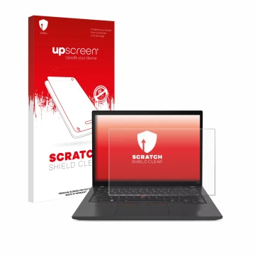Parte frontal de un envase de producto con el logotipo de la marca upscreen. Al lado se muestra el dispositivo Lenovo ThinkPad