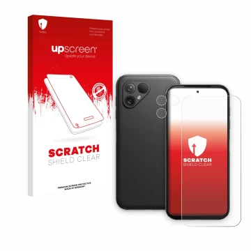Parte frontal de un envase de producto con el logotipo de la marca upscreen. Al lado se muestra el dispositivo Fairphone 5 (Fr