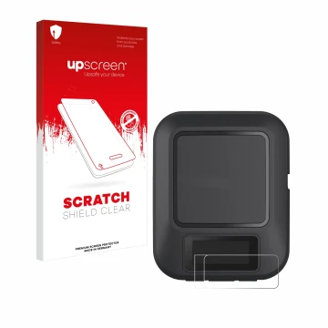 Parte frontal de un envase de producto con el logotipo de la marca upscreen. Al lado se muestra el dispositivo Garmin inReach 