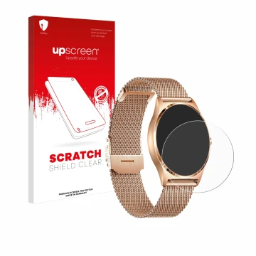 Parte frontal de un envase de producto con el logotipo de la marca upscreen. Al lado se muestra el dispositivo Xcoast X-Watch 