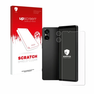 Parte frontal de un envase de producto con el logotipo de la marca upscreen. Al lado se muestra el dispositivo Sony Xperia 5 V