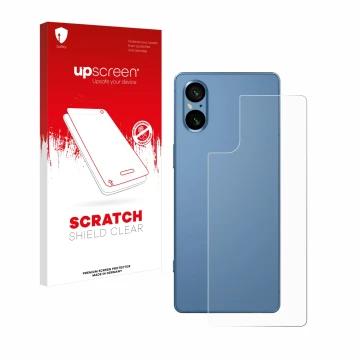 Parte frontal de un envase de producto con el logotipo de la marca upscreen. Al lado se muestra el dispositivo Sony Xperia 5 V