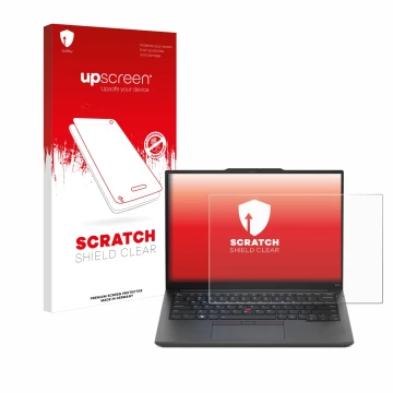 Parte frontal de un envase de producto con el logotipo de la marca upscreen. Al lado se muestra el dispositivo Lenovo ThinkPad
