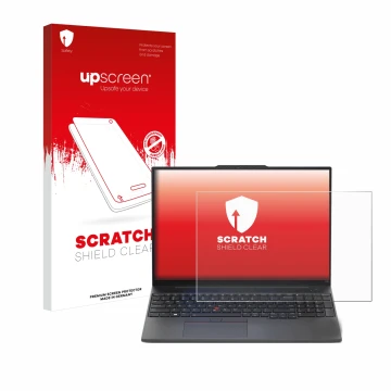 Parte frontal de un envase de producto con el logotipo de la marca upscreen. Al lado se muestra el dispositivo Lenovo ThinkPad