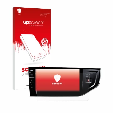 Parte frontal de un envase de producto con el logotipo de la marca upscreen. Al lado se muestra el dispositivo Volkswagen Polo